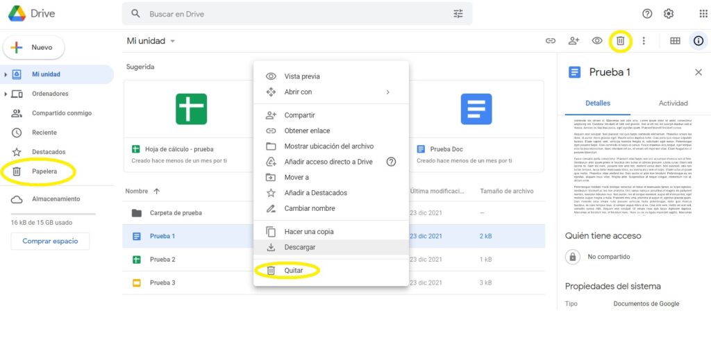 Cómo eliminar y recuperar archivos en Google Docs